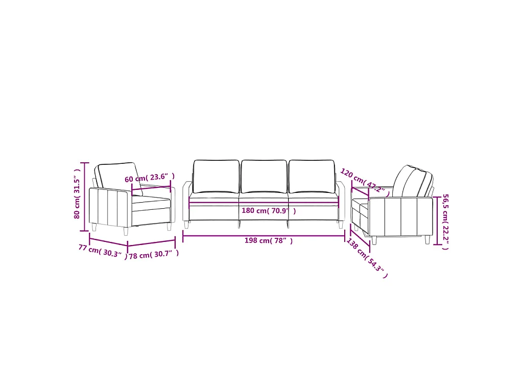 3-teiliges Sofaset mit Kissen Black Velvet