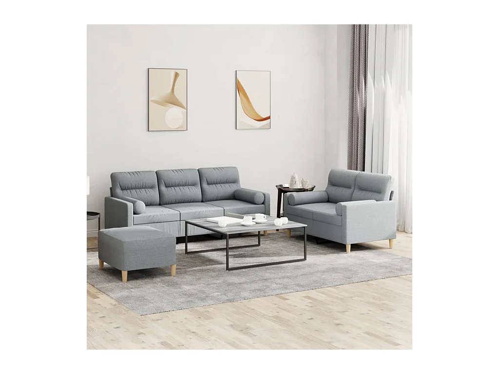 Set di divani 3 pezzi con cuscini in tessuto grigio chiaro