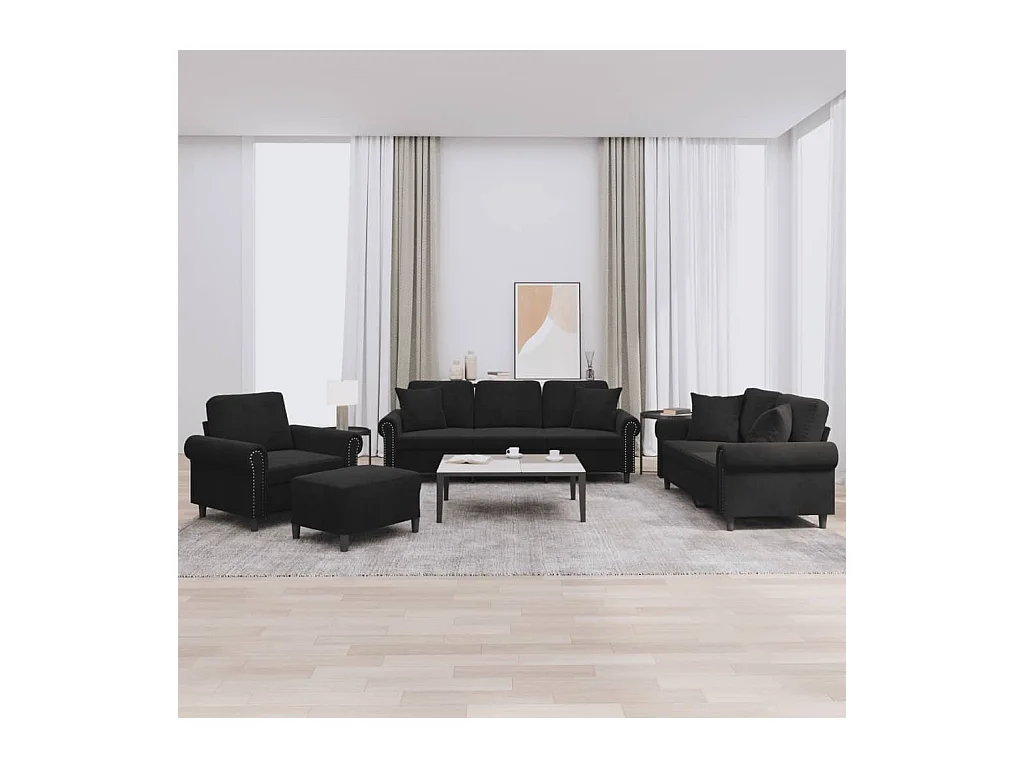 Conjunto de sofá de 4 piezas con cojines de terciopelo negro