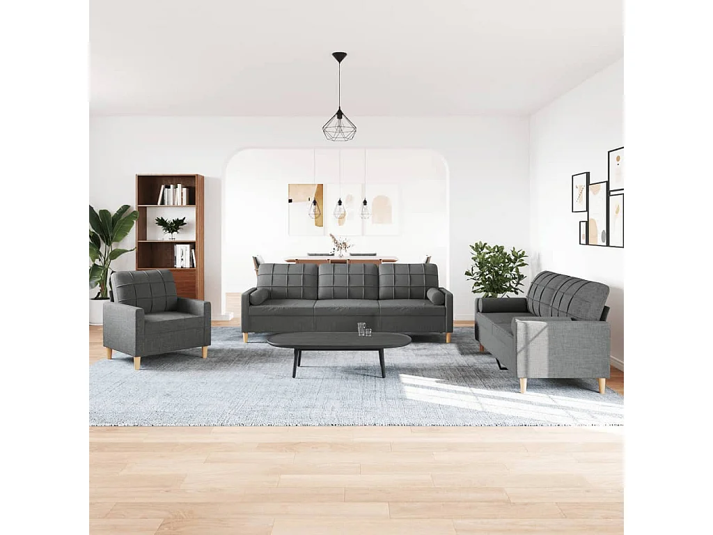 Conjunto de sofá de 3 piezas con cojines decorativos en tela gris oscuro