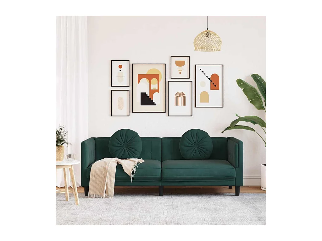 Donkergroene fluwelen 3-zitsbank met kussens