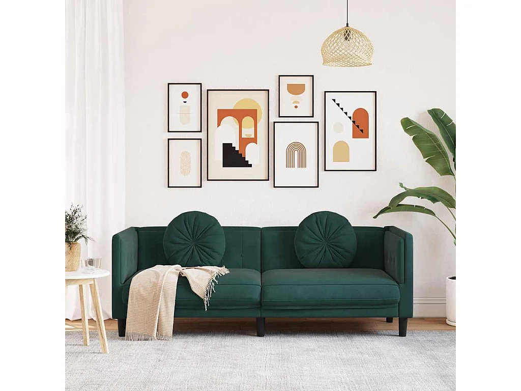 Sofá de 3 plazas de terciopelo verde oscuro con cojines