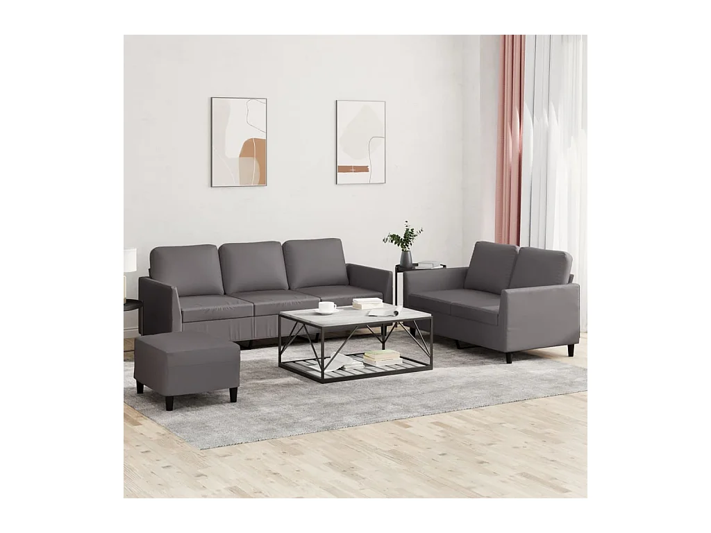Set di divani 3 pezzi con cuscini in similpelle grigia