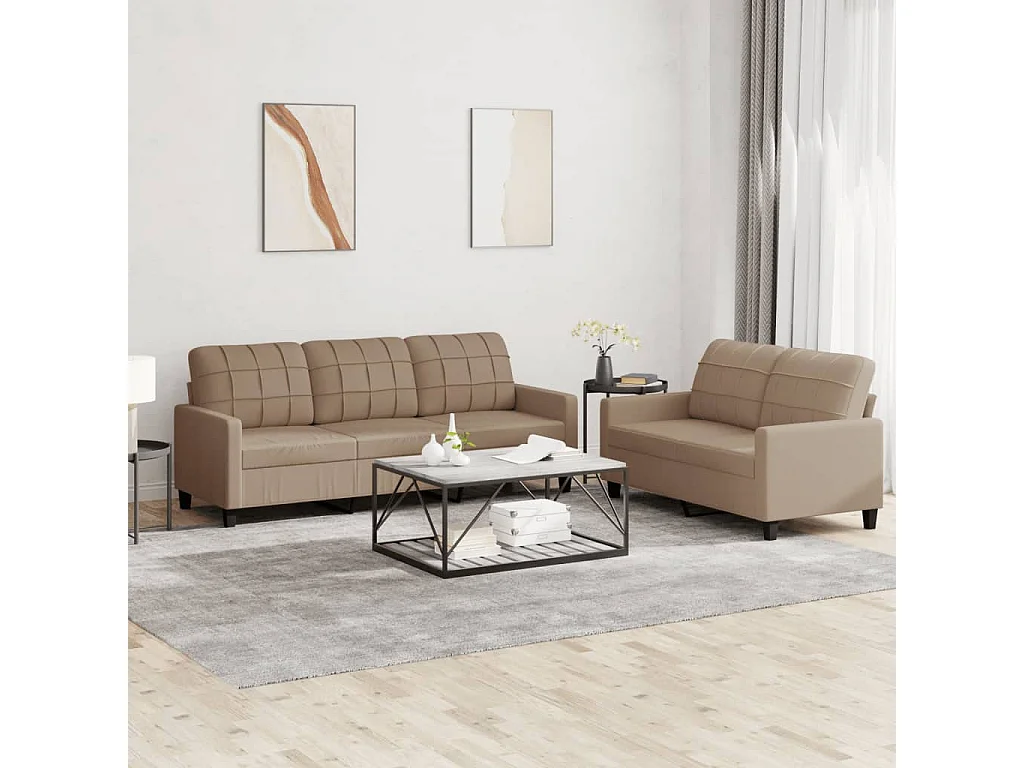 Set di divani 2 pezzi con cuscini in similpelle color cappuccino