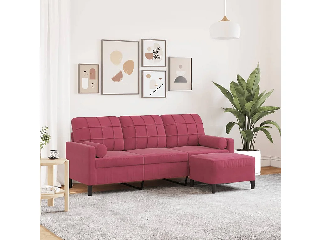 Divano 3 posti e poggiapiedi rosso bordeaux 180 cm Velluto