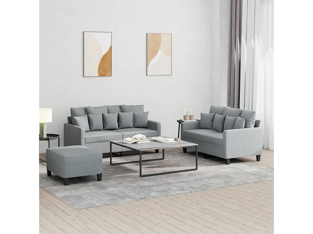 Set di divani 3 pezzi con cuscini in tessuto grigio chiaro
