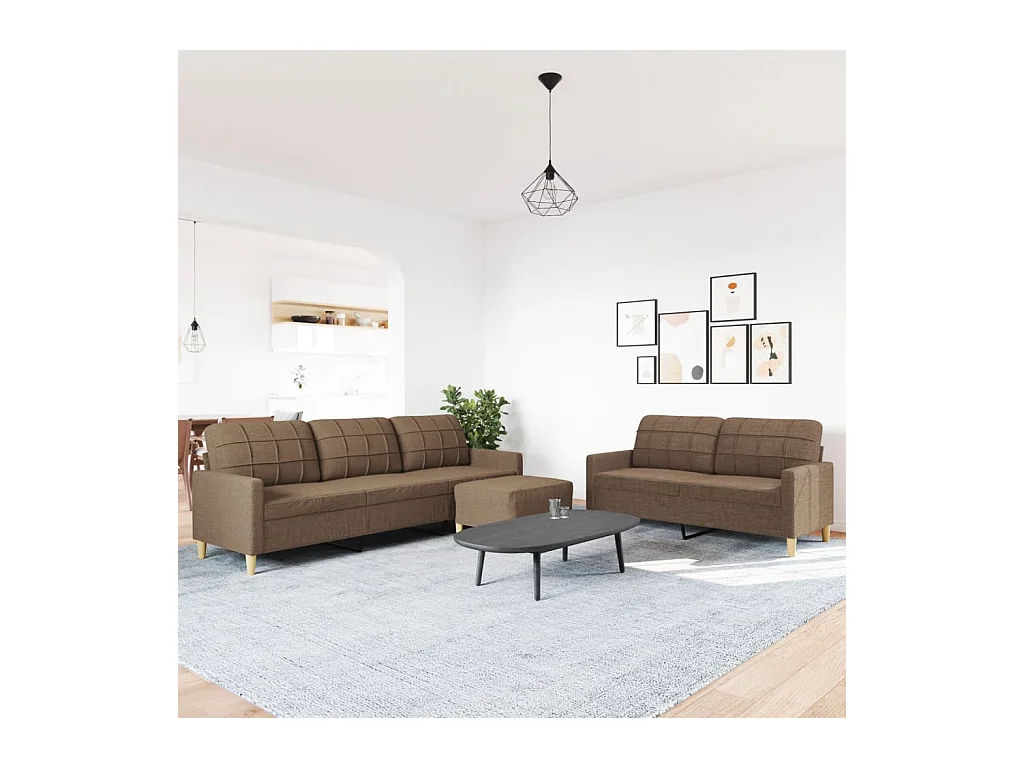 3-teiliges Sofaset mit Fußhocker, brauner Stoff