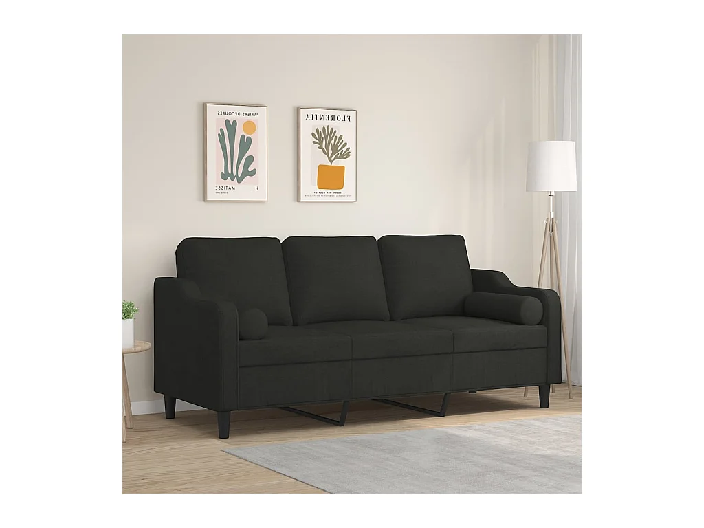 Sofá de 3 plazas con cojines decorativos tela negra 180 cm