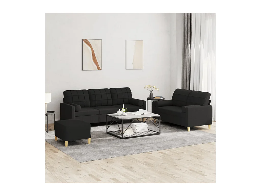 3-delige bankstel met zwarte stoffen kussens
