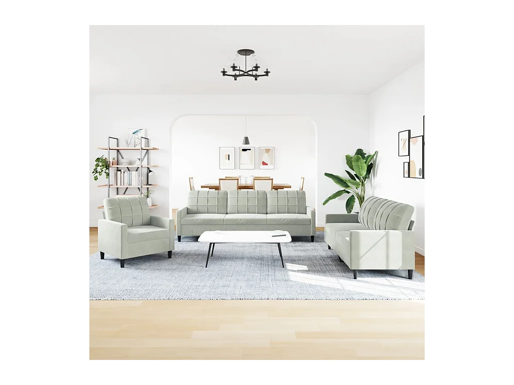 3-delige bankstel met kussens Lichtgrijs fluweel