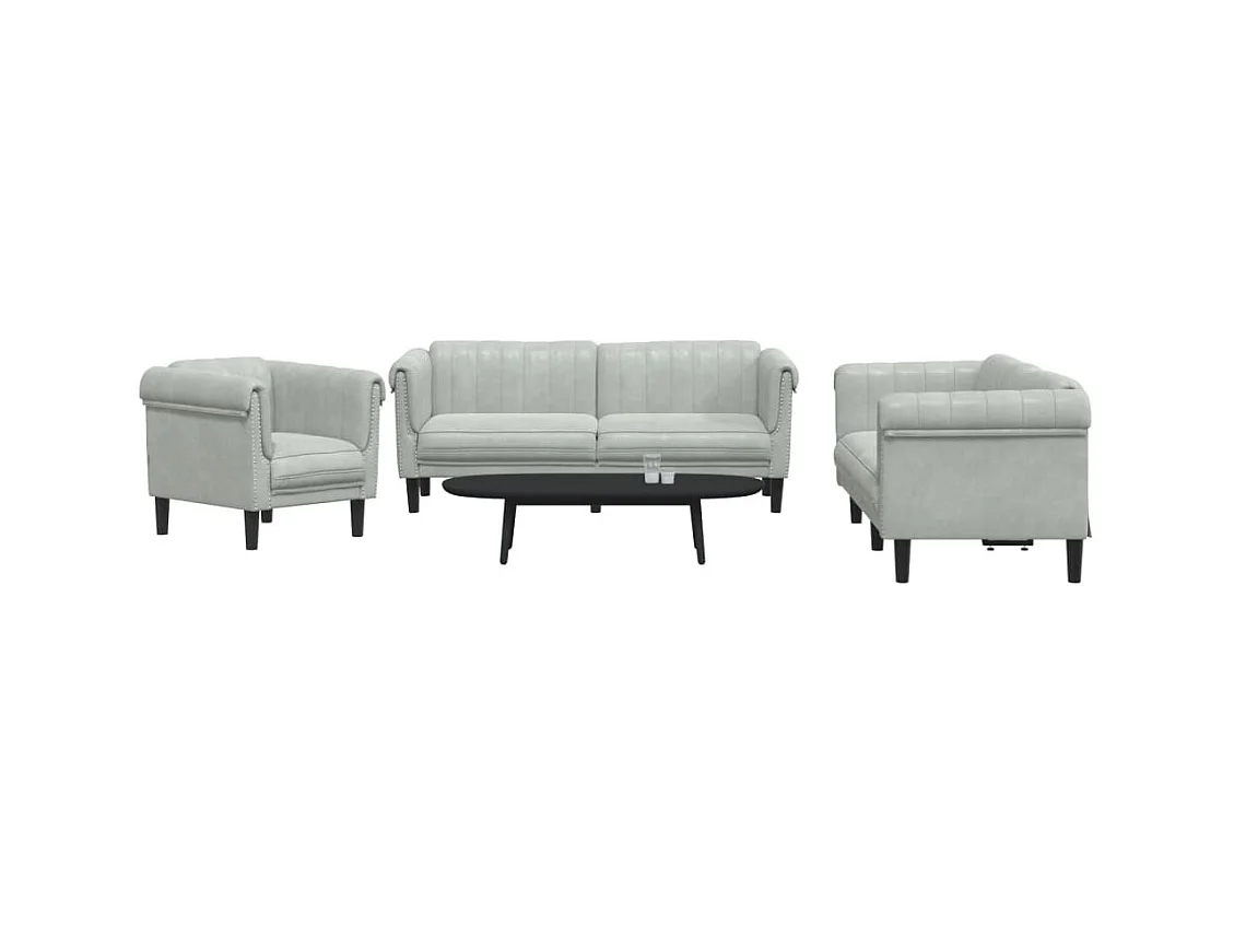 3-delige lichtgrijze fluwelen bankset