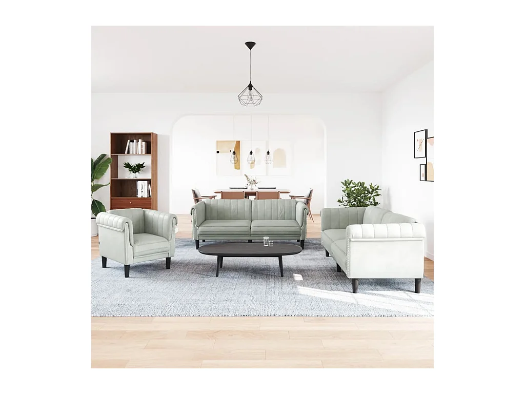 3-delige lichtgrijze fluwelen bankset