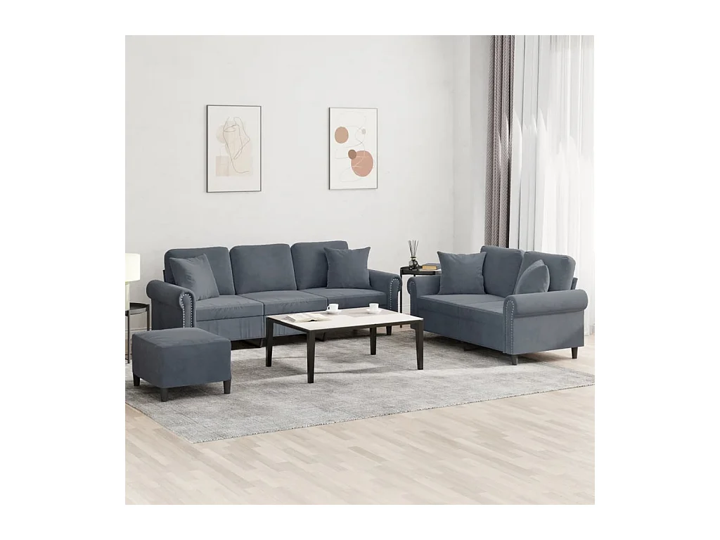 Set di divani a 3 pezzi con cuscini in velluto grigio scuro