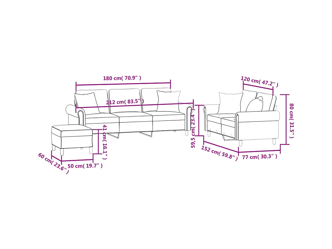 Set di divani a 3 pezzi con cuscini in velluto grigio scuro
