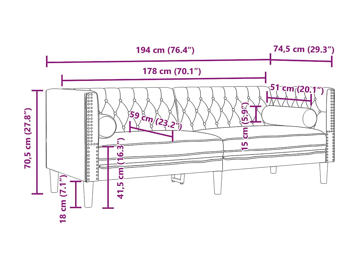 Sofá Chesterfield de 3 plazas con cojines de terciopelo color crema