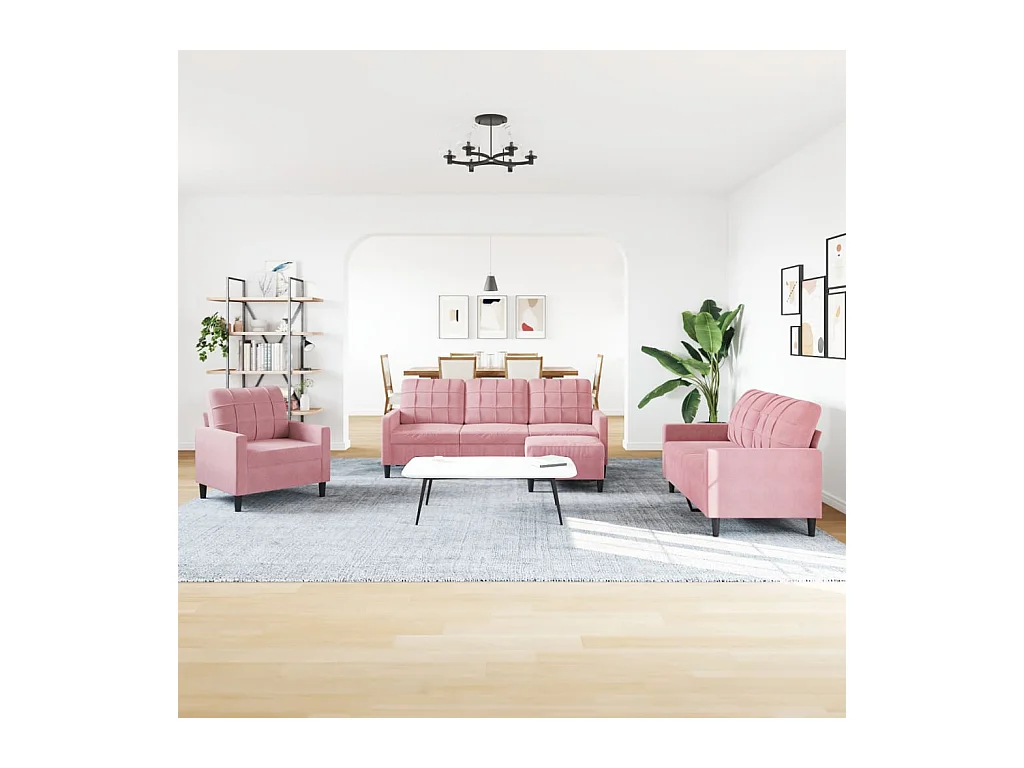 Set di divani 4 pezzi con cuscini, velluto rosa