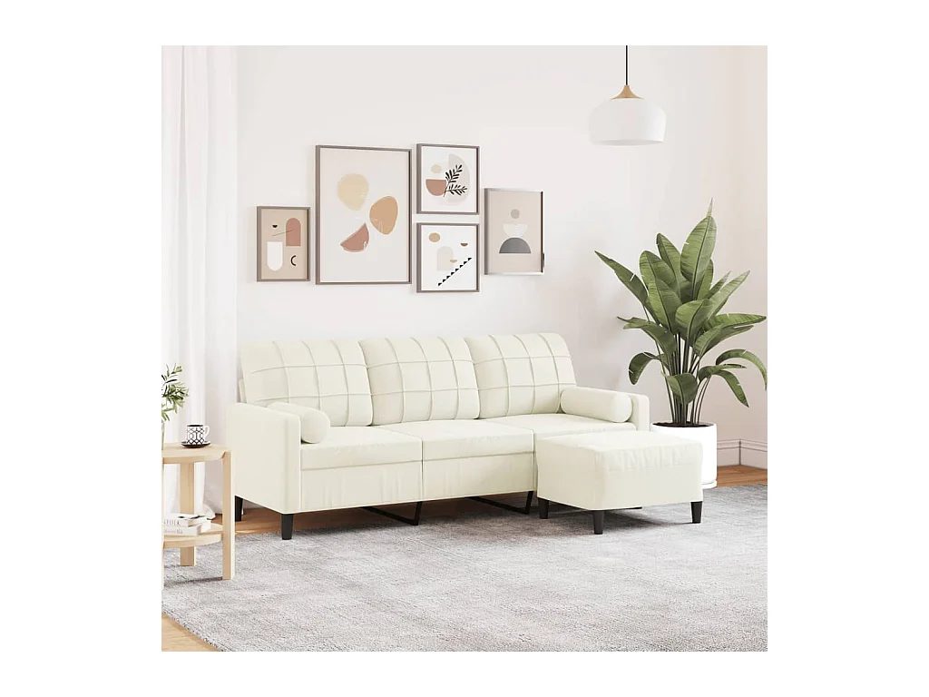 Divano 3 posti con poggiapiedi Crema 180 cm Velluto