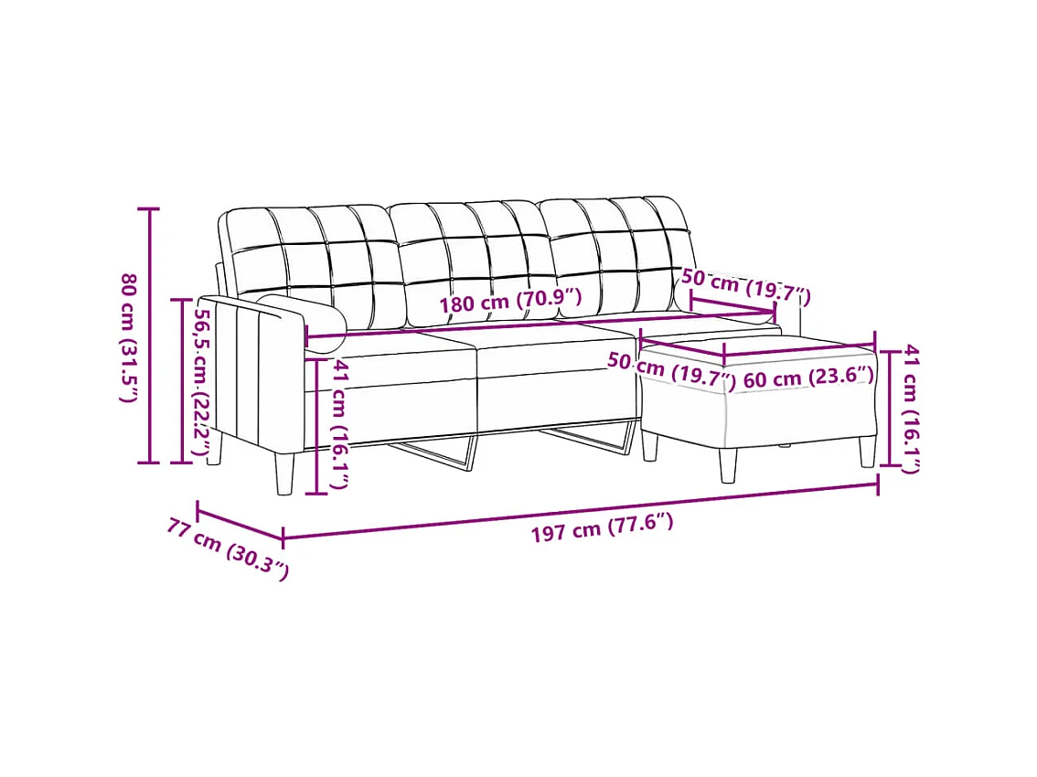 Divano 3 posti con poggiapiedi Crema 180 cm Velluto