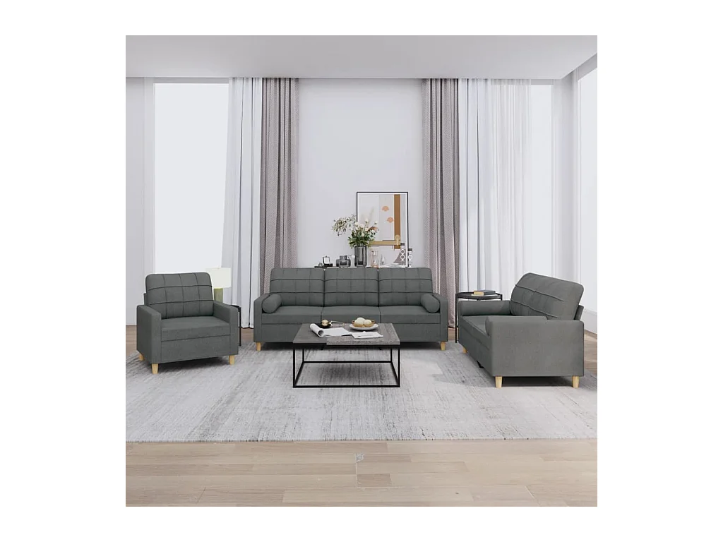 Set di divani da 3 pezzi con cuscini in tessuto grigio scuro