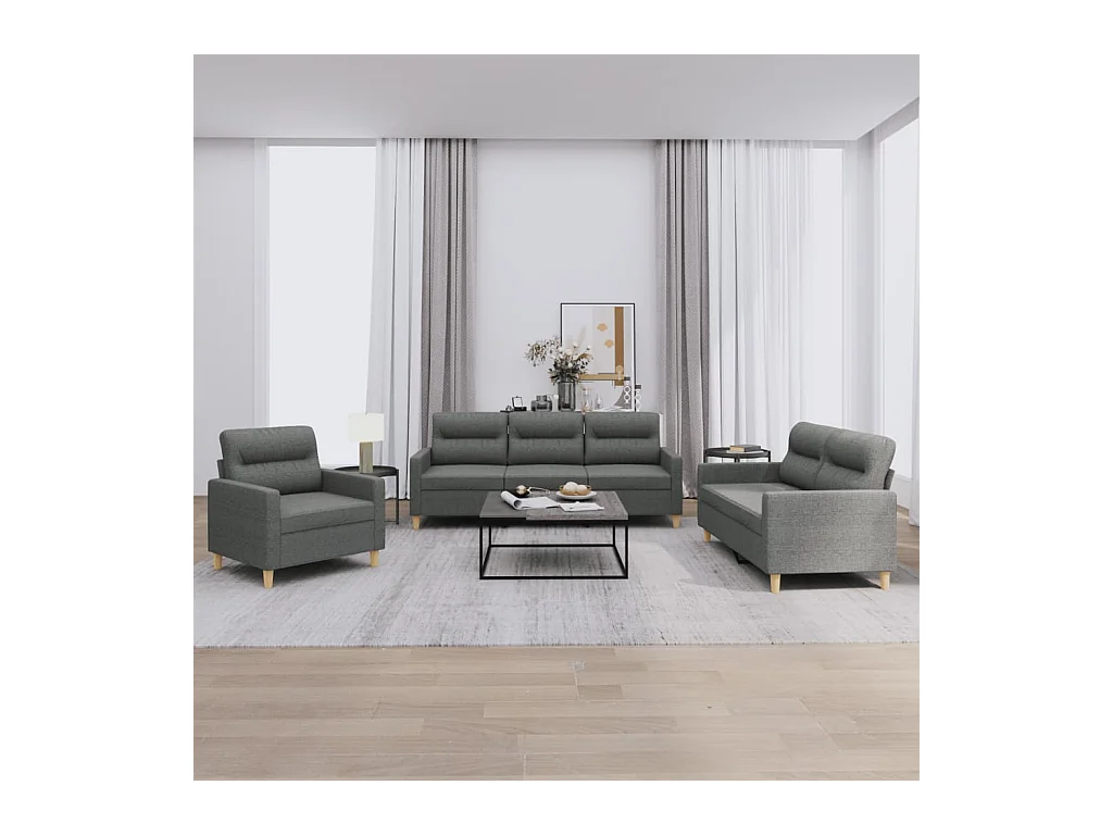 Set di divani 3 pezzi con cuscini in tessuto grigio scuro