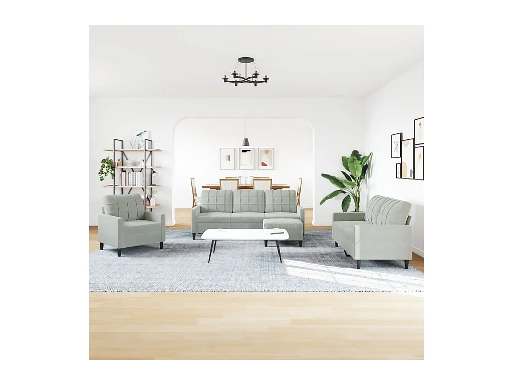 Set di divani 4 pezzi con cuscini in velluto grigio chiaro