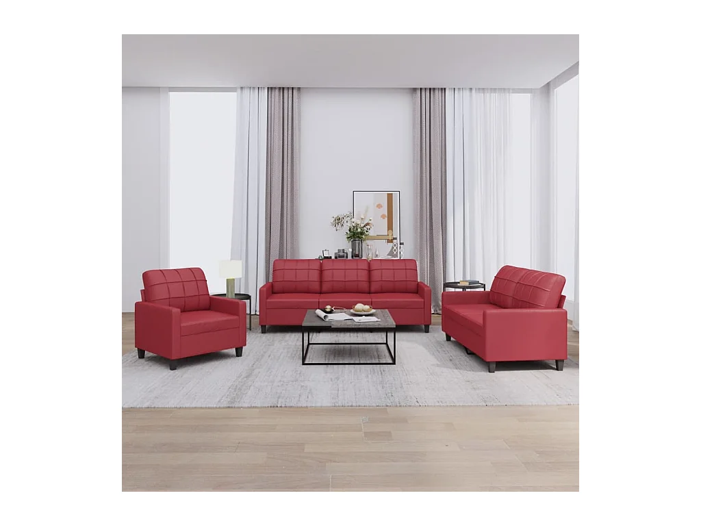Set di divani 3 pezzi con cuscini in similpelle rosso bordeaux