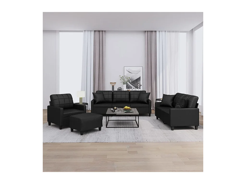 Conjunto de sofá de 4 piezas con cojines de piel sintética negra