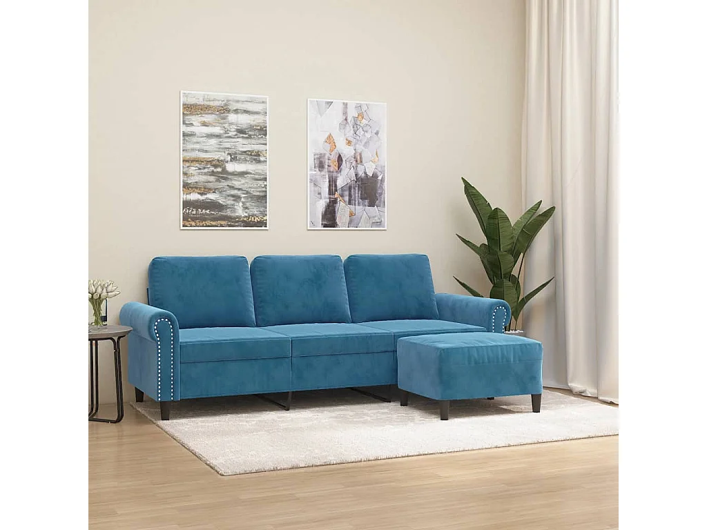 Divano 3 posti con poggiapiedi Blu 180 cm Velluto