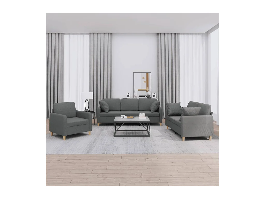 Conjunto de sofá de 3 piezas con cojines de tela gris oscuro