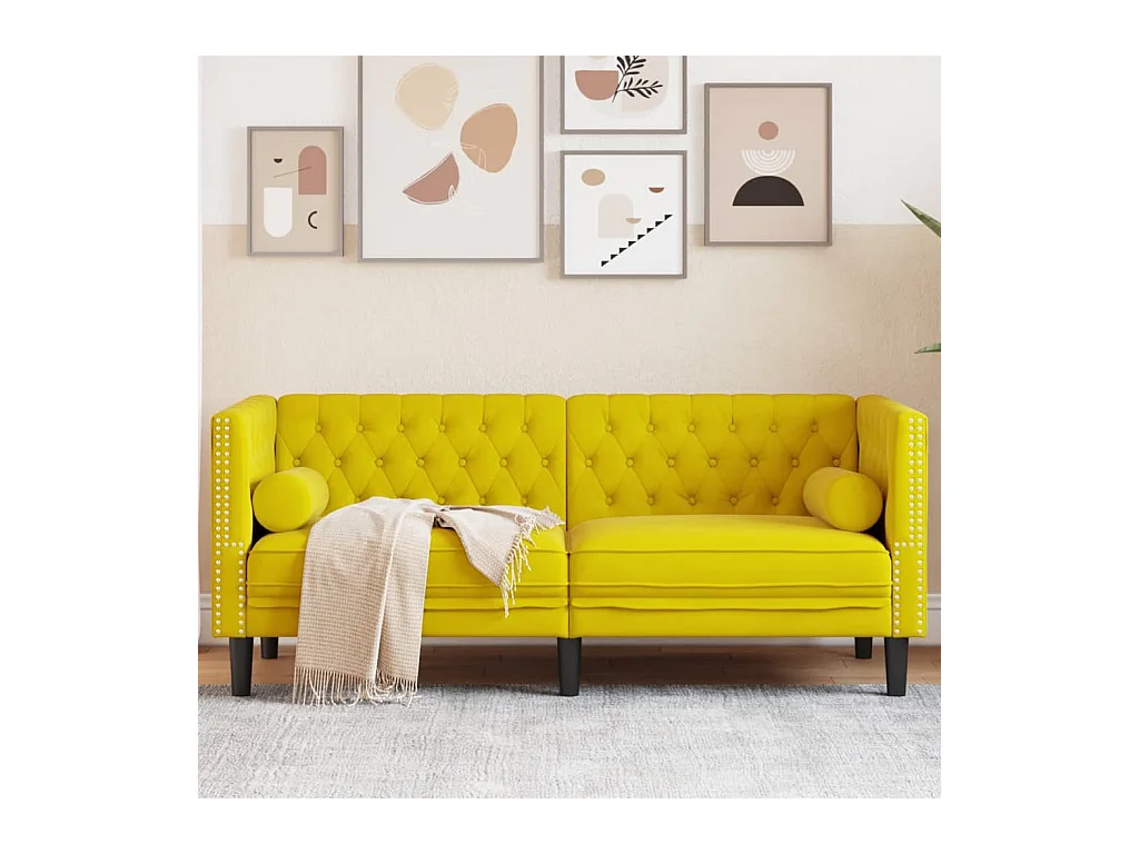 Canapé Chesterfield avec traversins 2 places jaune velours