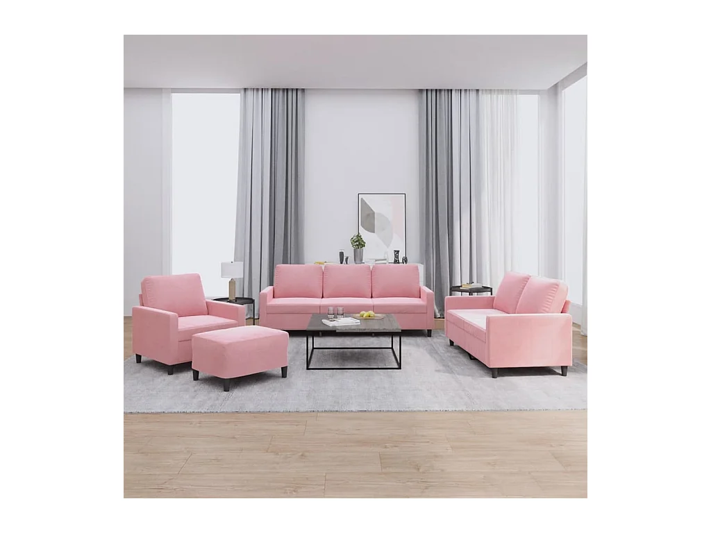 Set di divani 4 pezzi con cuscini, velluto rosa