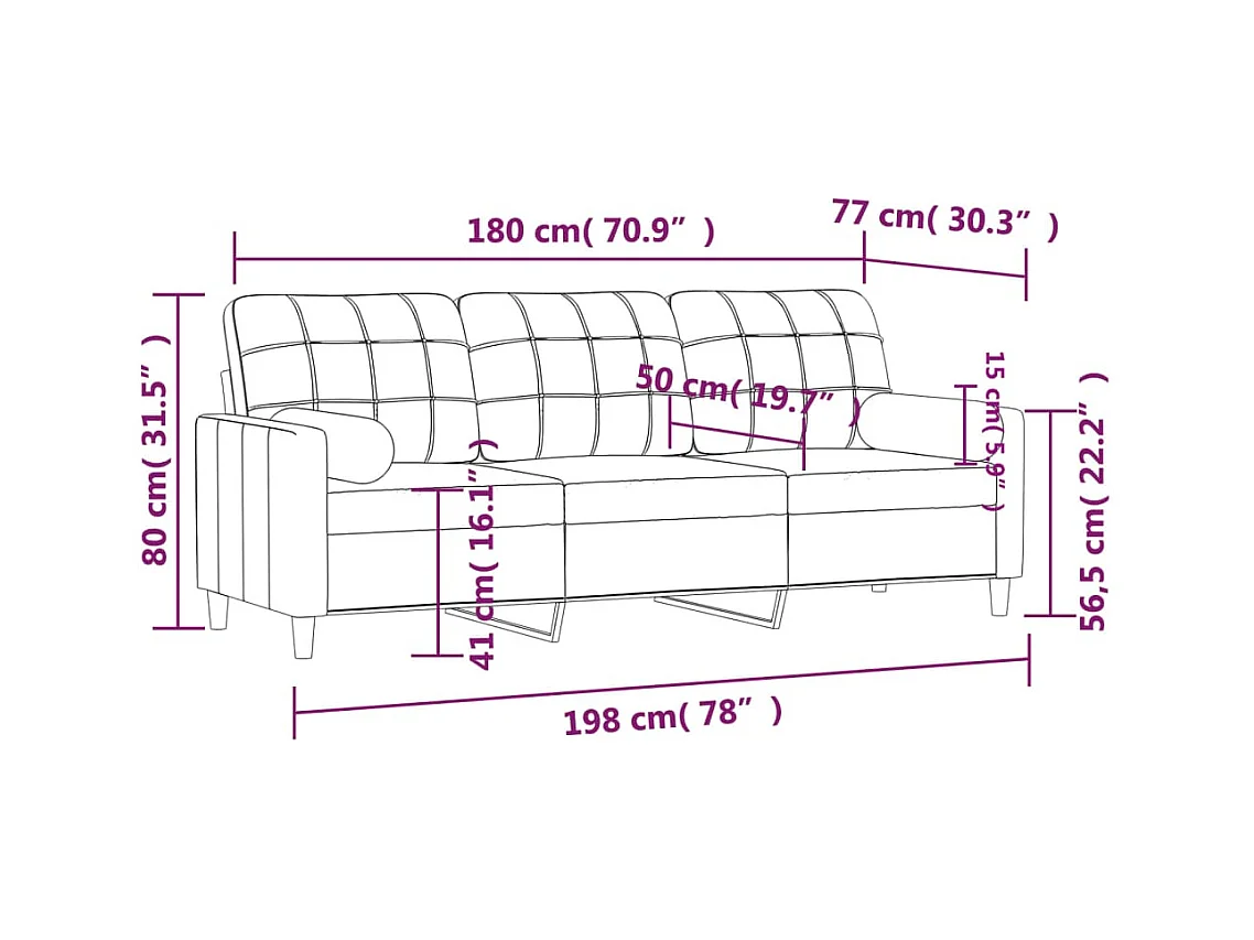 Divano 3 posti con cuscini grigio scuro tessuto 180 cm