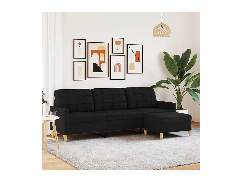 Sofá 3 plazas con reposapiés Negro 210 cm Tela