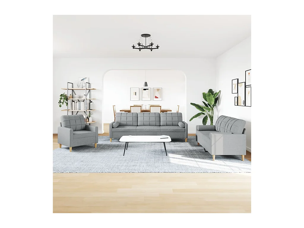 3-delige bankstel met sierkussens in lichtgrijze stof