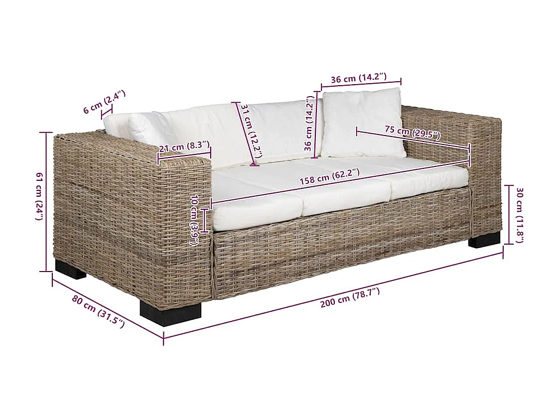 Ensemble de canapé à 3 places 8 pièces Rotin véritable