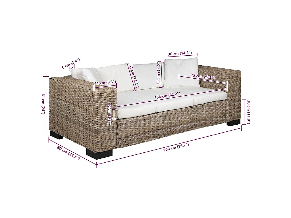 Set di divani a 3 posti da 8 pezzi in vero rattan