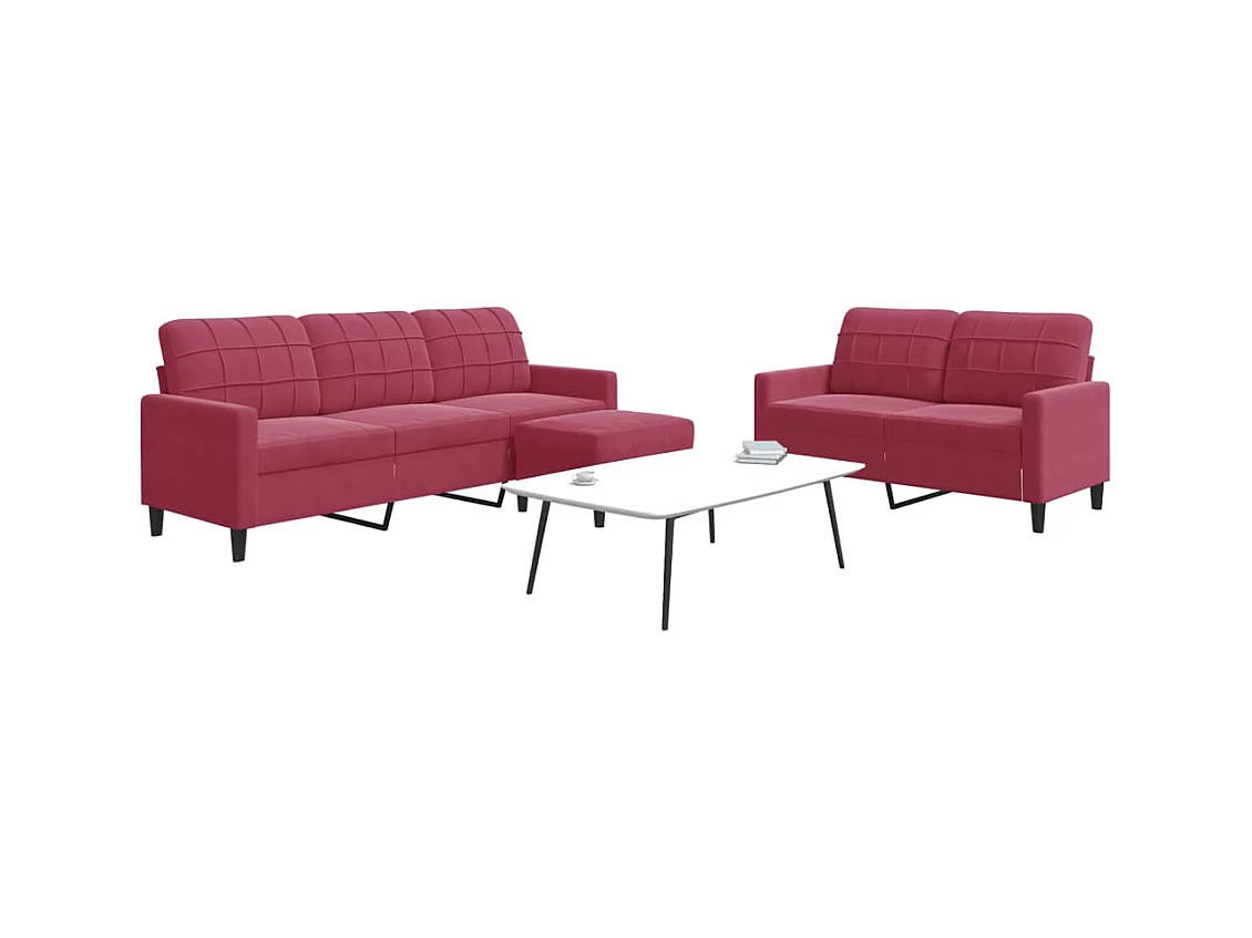 Set di divani 3 pezzi con cuscini in velluto rosso bordeaux