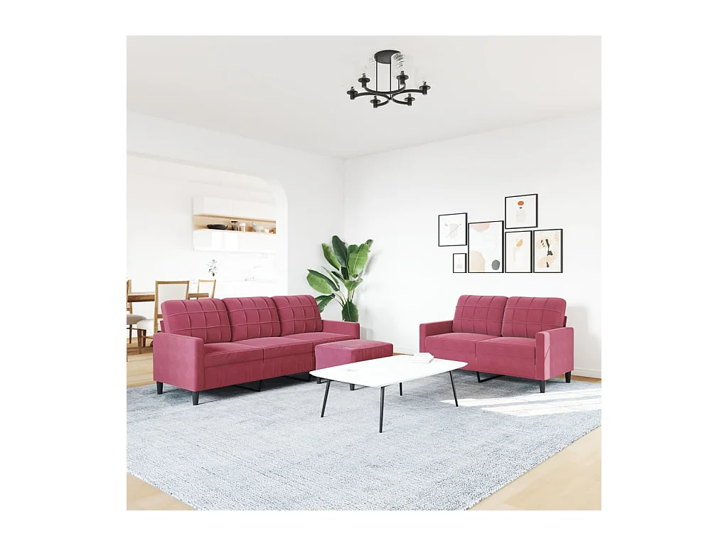 Set di divani 3 pezzi con cuscini in velluto rosso bordeaux