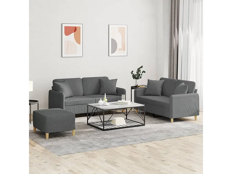 Conjunto de sofá de 3 piezas con cojines de tela gris oscuro