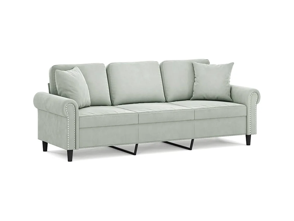 Sofá de 3 plazas con cojines gris claro de terciopelo de 180 cm.