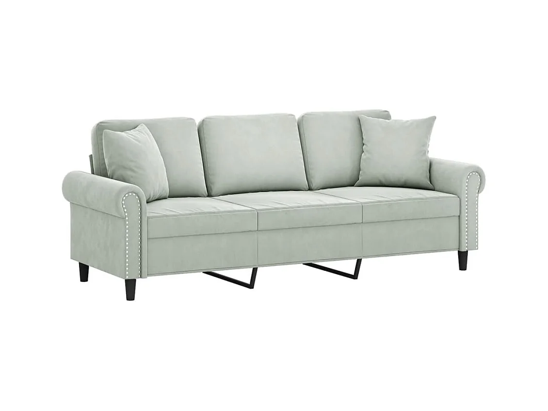 Sofá de 3 plazas con cojines gris claro de terciopelo de 180 cm.