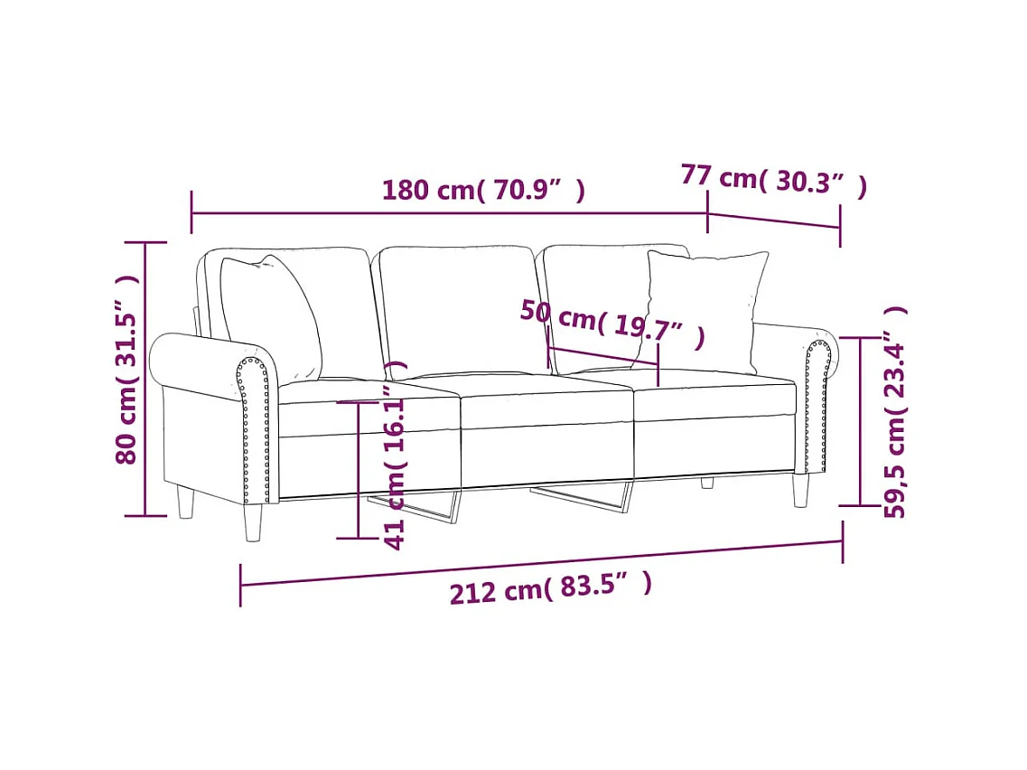 Sofá de 3 plazas con cojines gris claro de terciopelo de 180 cm.