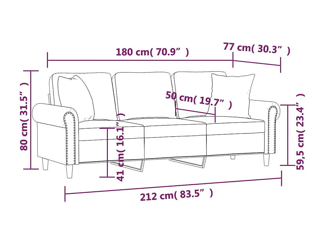 Sofá de 3 plazas con cojines gris claro de terciopelo de 180 cm.