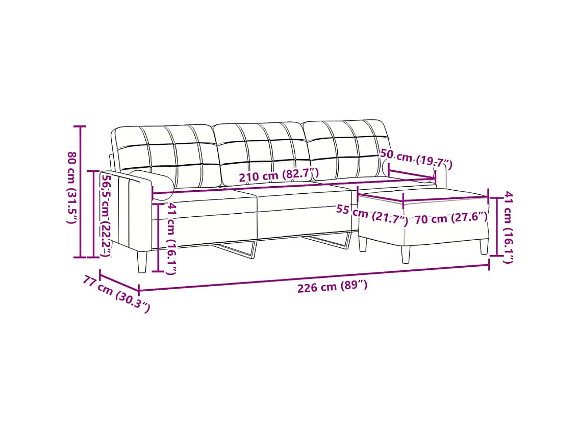 Divano 3 posti con poggiapiedi Rosa 210 cm Velluto