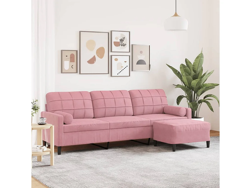 Sofá 3 plazas con reposapiés Rosa 210 cm Terciopelo