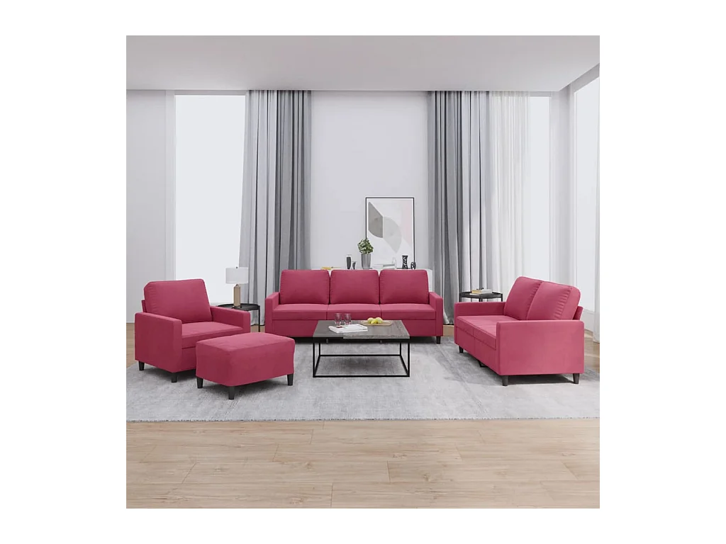 Set di divani 4 pezzi con cuscini in velluto rosso bordeaux