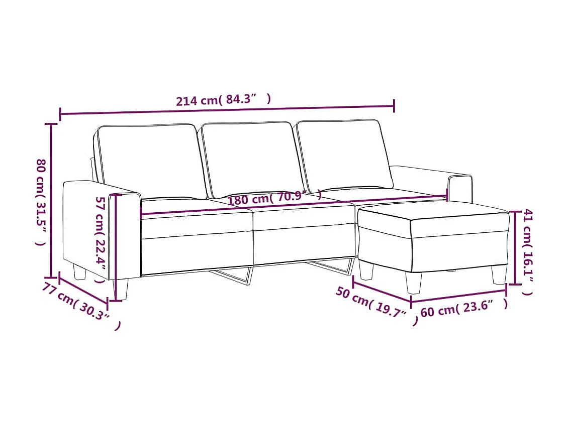 3-zitsbank met voetenbank Zwart 180 cm Stof