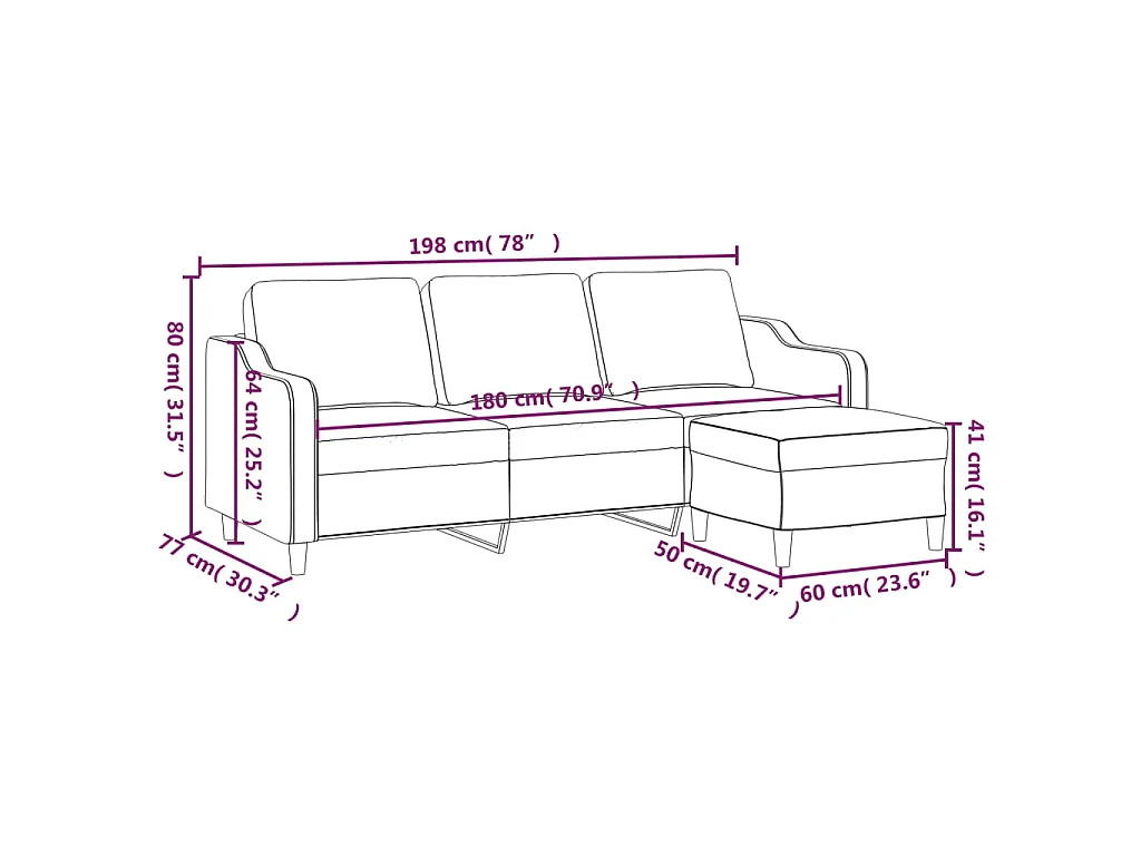 Divano 3 posti con poggiapiedi Rosso bordeaux 180 cm Tessuto
