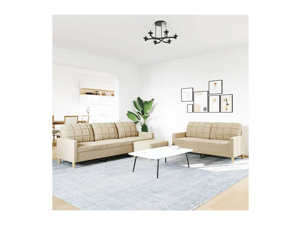 3-delige bankstel met voetenbank crèmekleurige stof