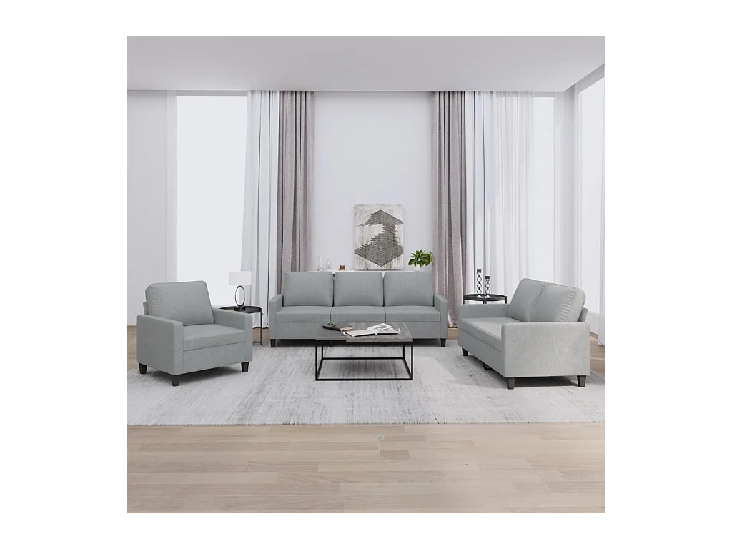 Set di divani 3 pezzi con cuscini in tessuto grigio chiaro